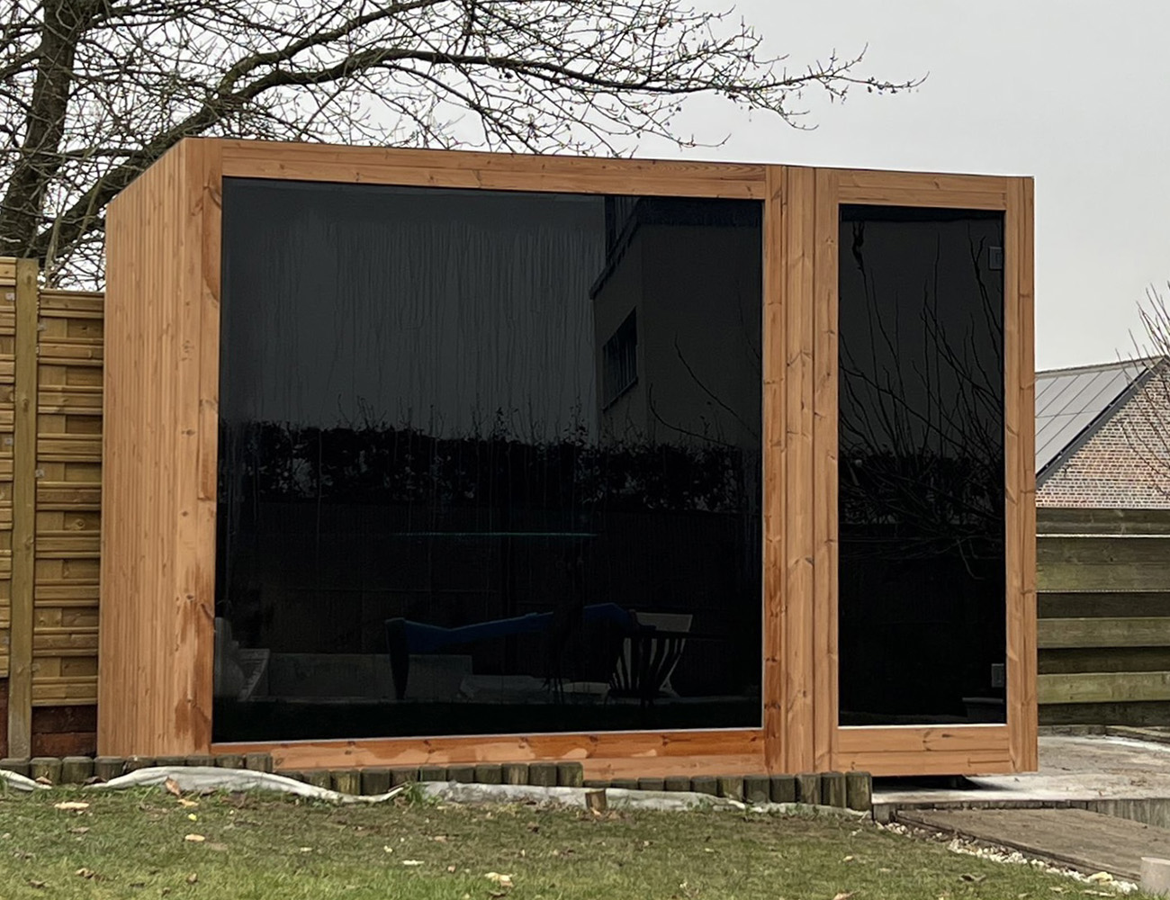 wood finish sauna with privacy glass