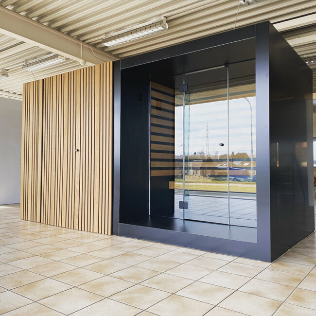 black aluminium and wood outdoor sauna