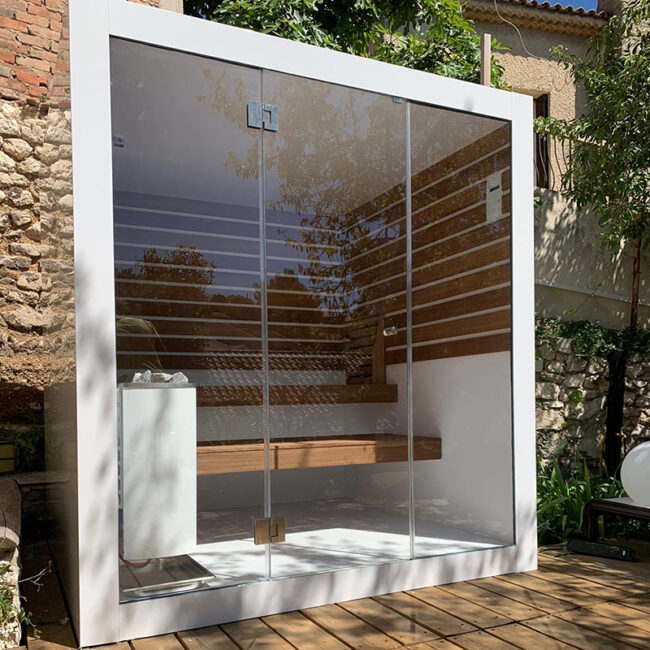 white outdoor sauna