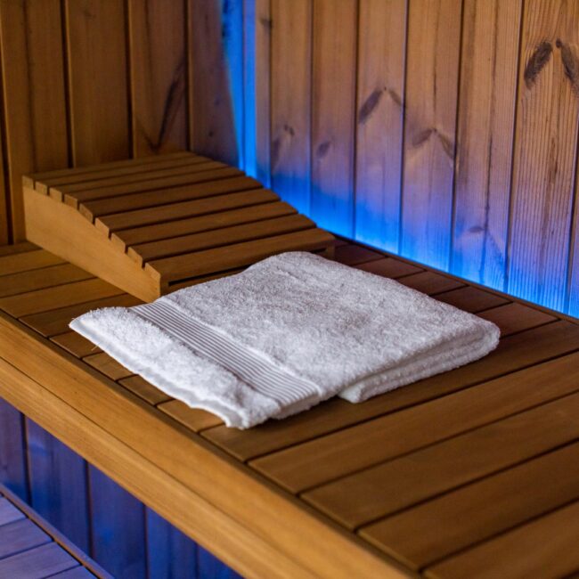 Inside of Thermalux Premium Outdoor Sauna with LED lights