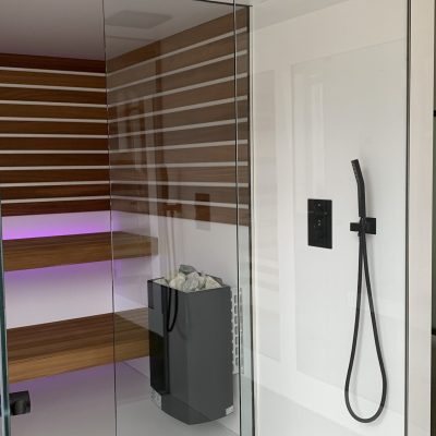 inside view of sauna with shower room